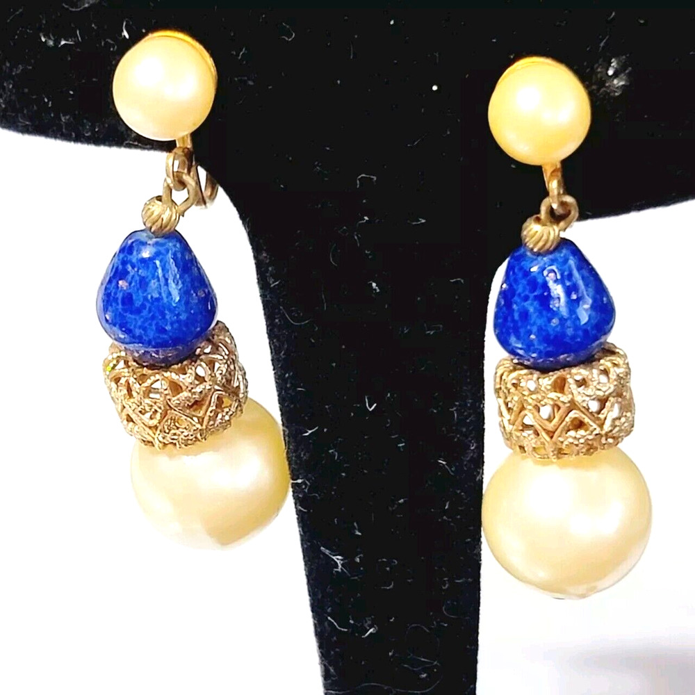 Vintage Dangle Clip-on Earrings 1.75" Long, Blue White, Gold-tone bcl-11
